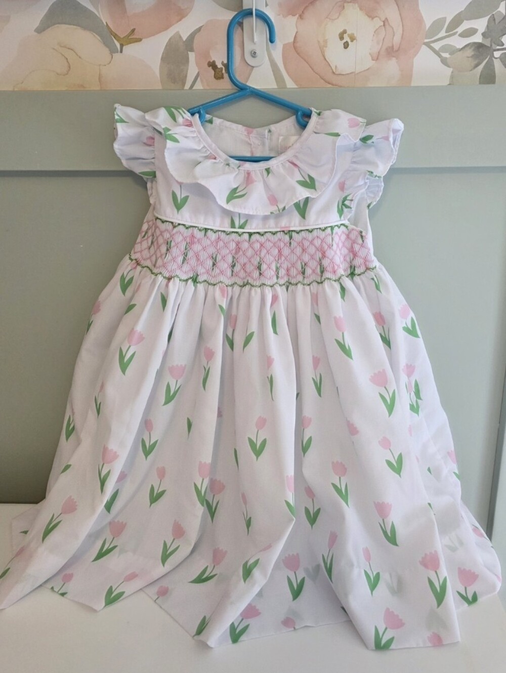 Cecil And Lou 4t White Dress with Pink Tulip Print and Green Accents Smocked